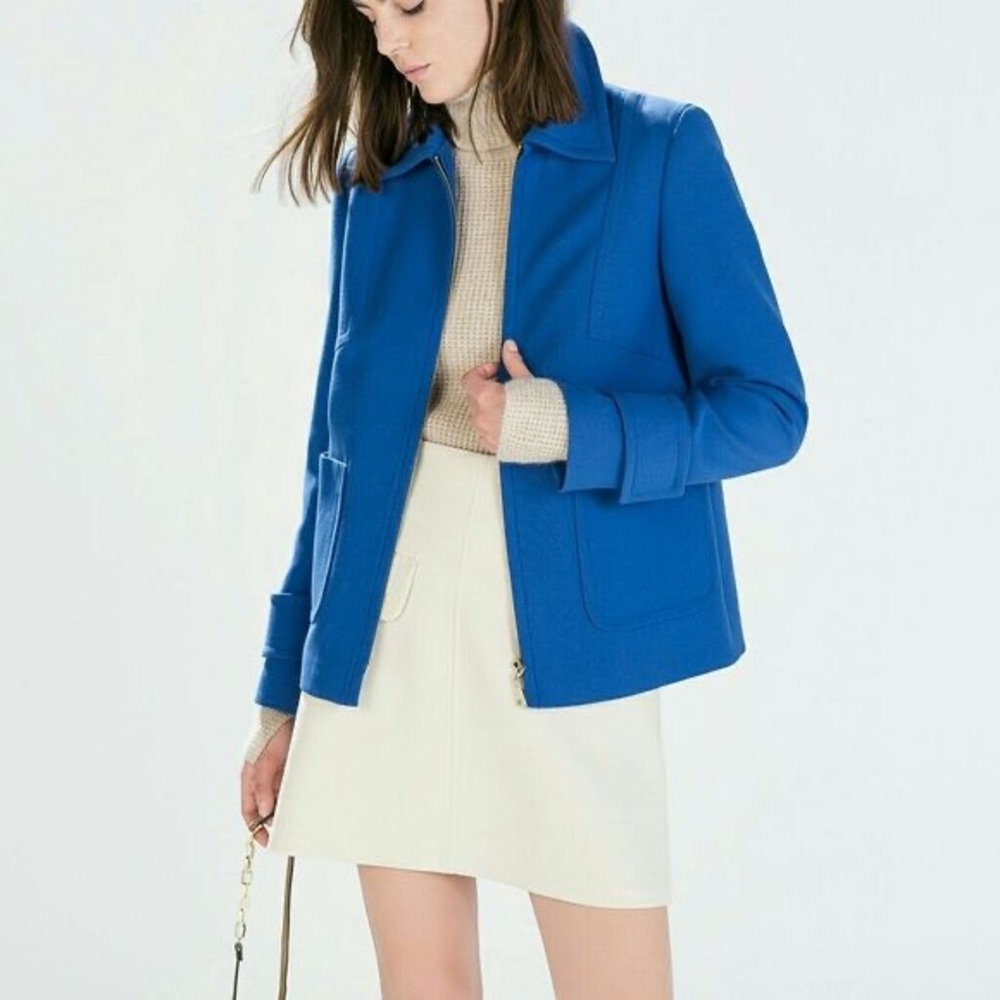 Zara Woman Cobalt Blue Knit Zip Up Bomber Blazer Jacket Patch Pocket